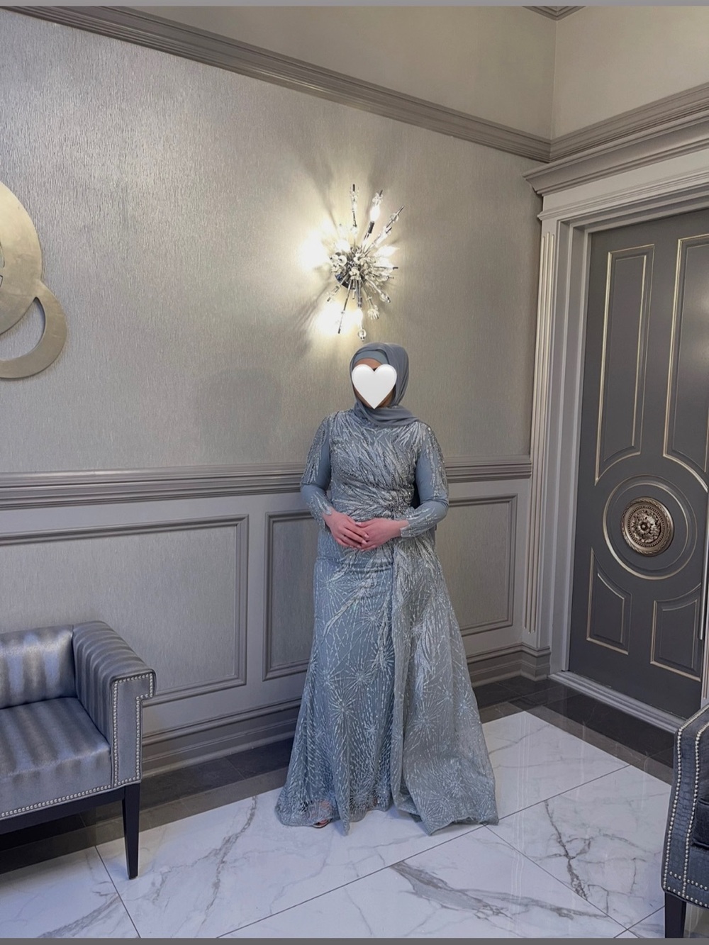Elegant Silver-Gray Long Sleeve Evening Dress